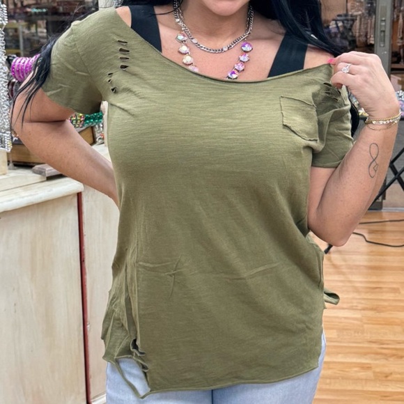 A Rare Bird Olive Green Distressed Rag Tee - Picture 1 of 7